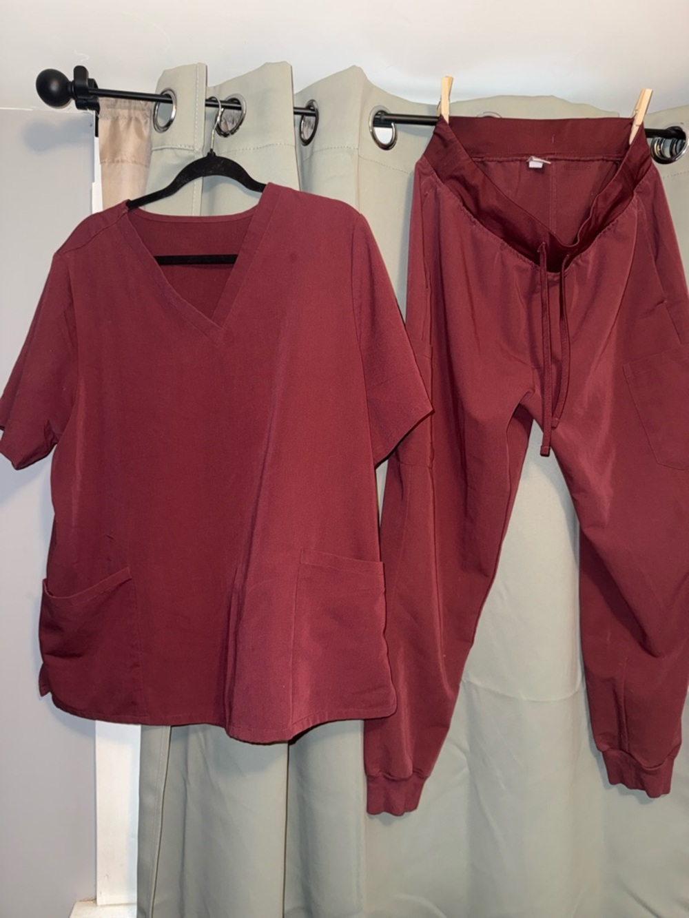 Women's V-Neck Scrub Top and Drawstring Jogger Set - Maroon